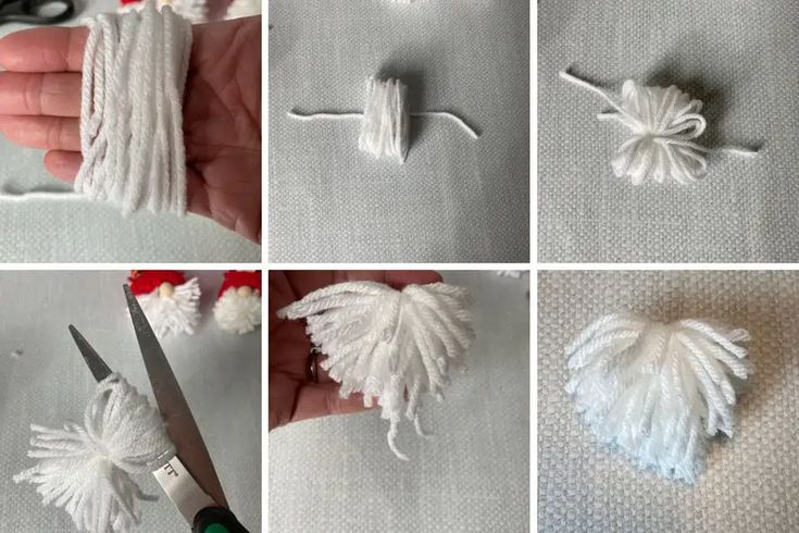 four pictures showing how to make tassels with yarn