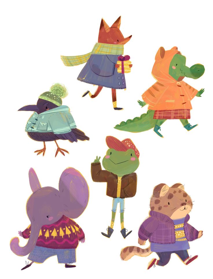 four different animals wearing sweaters and hats, one in the middle with a bird on it