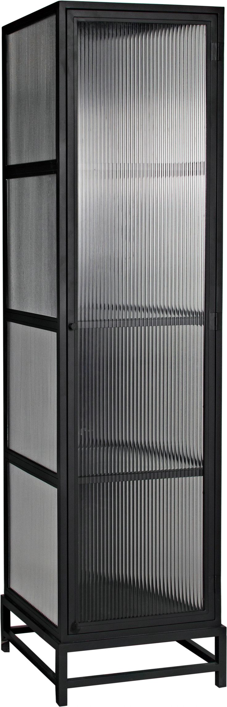 a tall black metal cabinet with glass doors