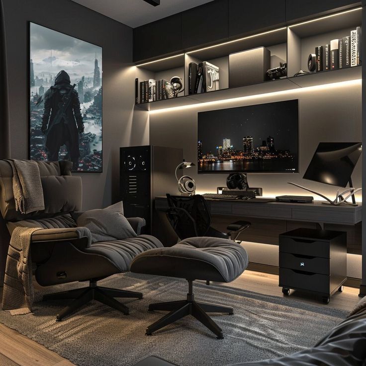 Dark Grey Gaming Room, Aesthetic Gaming Rooms, Black Game Room Ideas, Gaming Room For Men, Male Gamer Room, Home Workplace Design, Luxurious Gaming Room, Modern Male Office, Living Room Study Area