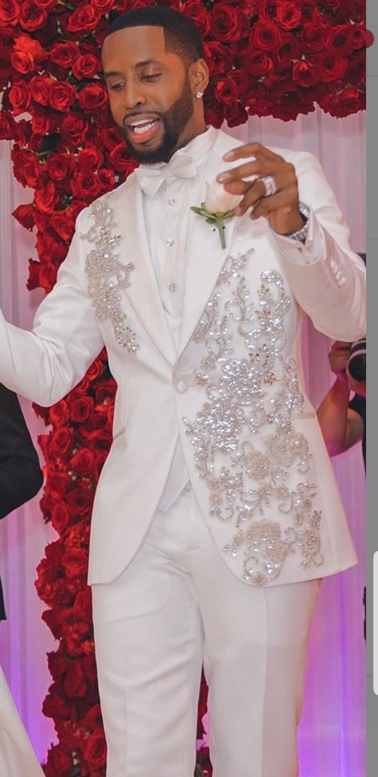 Prom Suit With Rhinestones, White Tux For Prom, White And Silver Tuxedo Prom, Cream And Red Prom Suit, Chrome Hearts Prom Suit, Hot Pink Prom Suits For Men, White And Silver Prom Suit Black Men, White Prom Suit Black Men, Custom Made Prom Suits