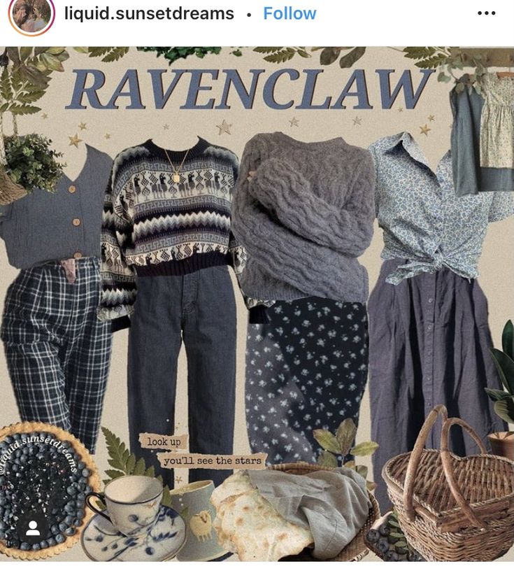 Blue Acedamia Outfits, Harry Potter Lookbook, Ravenclaw Outfit Ideas, Ravenclaw Inspired Outfits, Harry Potter Outfit Ideas, Ravenclaw Style, Aesthetic Mystery, Cottagecore Fits, Blue Academia