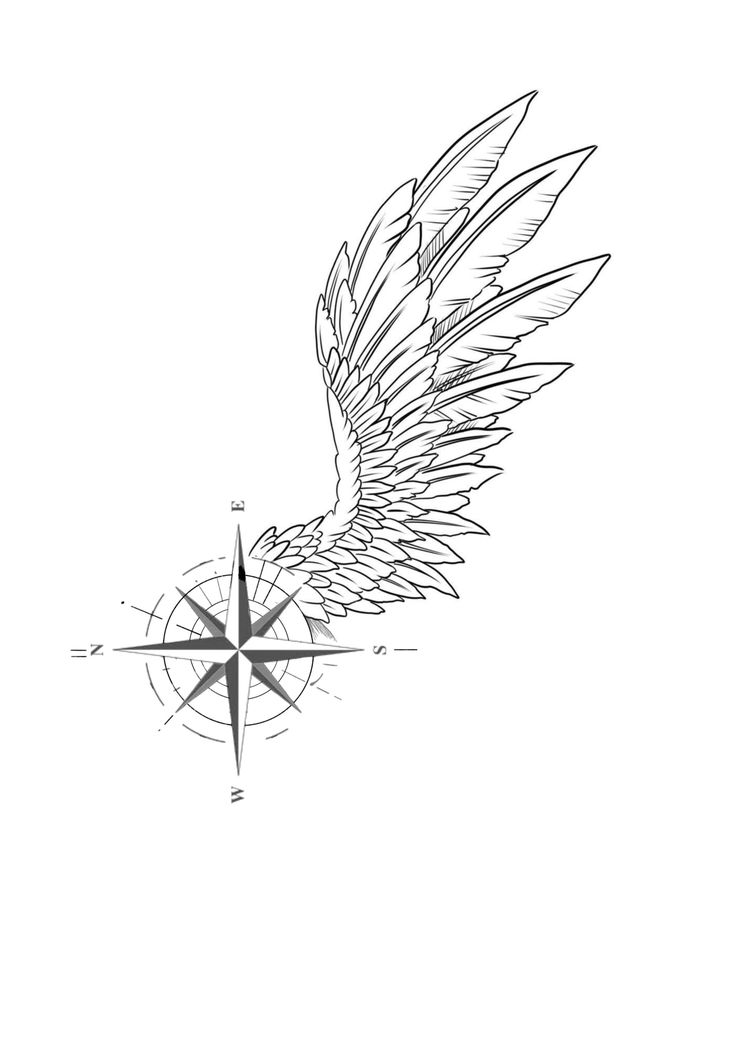 a black and white drawing of a compass with an angel wing on it's side