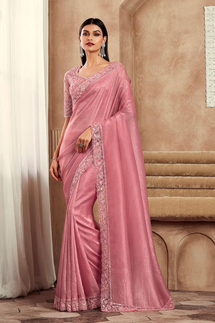 COLOR : Light Flamingo Pink FABRIC : Saree - Fancy Silk, Blouse - Fancy Silk & Net WORK : Resham Embroidery, Stones, Sequins, Lace BorderOCCASION : Wedding, Engagement, Party Wear, Festival, Sangeet NOTE : The outfit includes blouse and saree only. Petticoat is not included. READY-TO-WEAR : No STITCHING : Available as semi-stitched fabric, can be stitched using standard size option (+$30). Note: There might be a slight color variation due to lighting and flash used during photoshoot. The bright Pink Sequin Saree, Sequin Saree, Party Mode, Readymade Saree, Glamorous Party, Party Kleidung, Art Silk Sarees, Trendy Sarees, Wear Saree