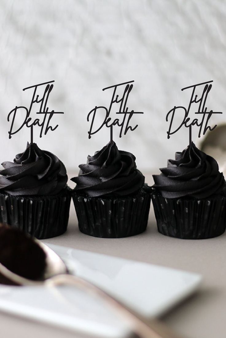 Black Engraved Acrylic Cupcake Toppers, Alternative Wedding Cupcakes, Personalized Wedding Cupcake Décor, Till Death Do Us Part Toppers - Etsy Mafia Wedding, Winter Gothic, Dark Romantic Wedding, Gothic Wedding Theme, Dark Wedding Theme, Wedding Renewal, Football Camp, Halloween Themed Wedding, Engraved Acrylic