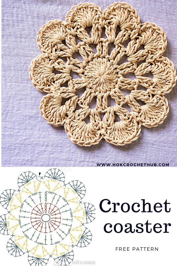 the crochet coaster pattern is shown in three different colors