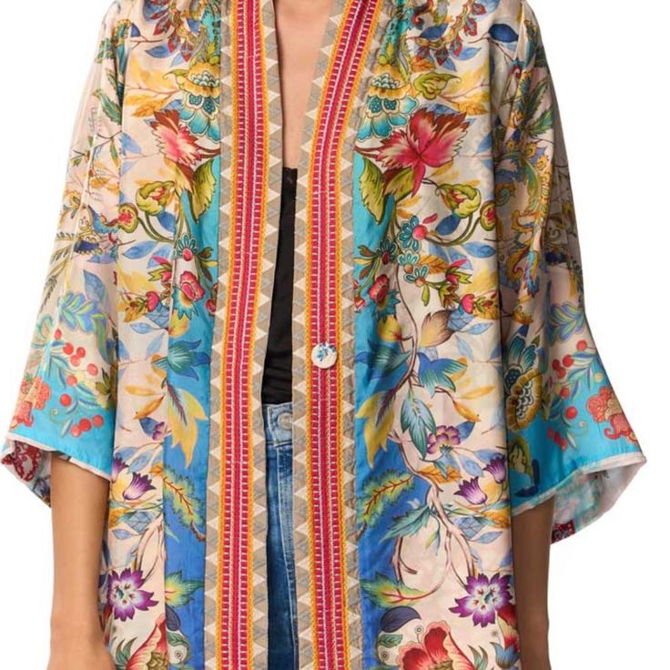 New With Tags! Entwined With A Floral Arrangement, The Tango Yena Kimono Breathes Joyous Energy Into New Seasonal Looks Thanks To Its Upbeat Color Scheme. This Kimono Is Designed From Liquid-Like Silk And Boasts A Collar, Long Sleeves, A Snap Front Button, Pockets, A Vivid Mix Of Florals, And An Additional Pattern On The Reverse Side. Style With Everything From Silk Separates To Casual Tailoring. Gorgeous - Best Deal You Will Find! Item #325 Spring Silk Outerwear With Kimono Sleeves, Silk Outerwear With Kimono Sleeves For Spring, Silk Kimono For Fall, Casual Silk Spring Kimono, Casual Silk Kimono For Spring, Johnny Was, Floral Arrangement, Best Deal, Tango