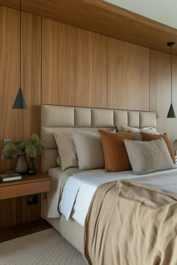 a large bed sitting next to a window in a room with wood paneled walls