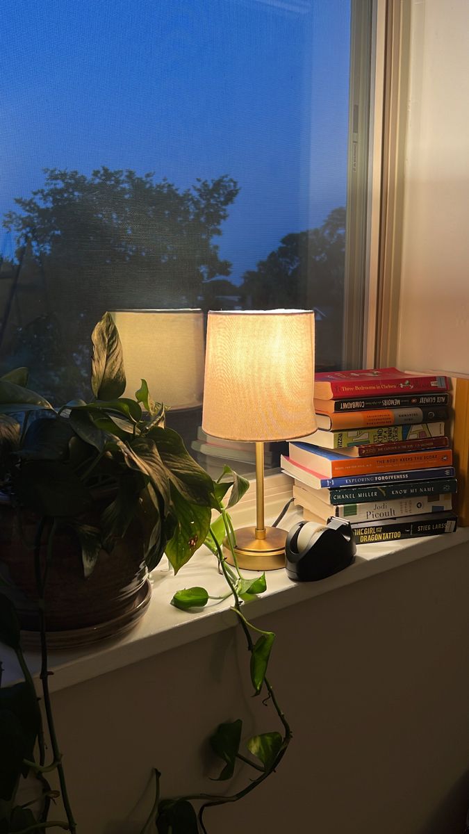 a lamp and some books on a window sill