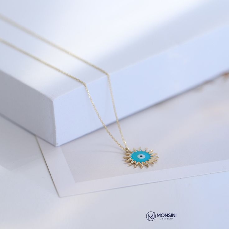 14K Real Gold Mini Sun Turquoise Enamel Pendant Minimal Design Dainty Necklace Brilliant Surface Gift for Women Valentine's Day Birthdays ❤❤【Materials & Specifications】❤❤ ❤【All of our products are 585 14K Original Gold】 Pendant Width:1.5cm (0.59in) Pendant Length:1.5cm (0.59in) ❤【Available in 4 different chain lengths】 42 cm (16.5 in) 44 cm (17.3 in) 46 cm (18.1 in) 48 cm (18.8 in) ❤❤Good Vibes Only❤❤ Every day has something to celebrate. wear your necklace as a reminder to smile, stay posit Blue Birthstone Jewelry In Gold Plated, Blue Birthstone Gold-plated Jewelry, Fine Jewelry In 14k Gold With Turquoise, 14k Gold Turquoise Fine Jewelry, Blue Gold-plated Birthstone Jewelry, Turquoise Round Gold-plated Jewelry, Turquoise 14k Gold Fine Jewelry, Turquoise Gold-plated Round Jewelry, Blue Tarnish-resistant Jewelry For Anniversary