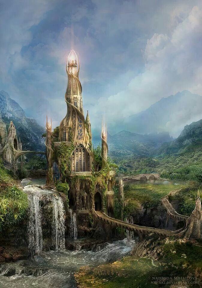 an artistic painting of a castle in the middle of a mountain range with waterfalls