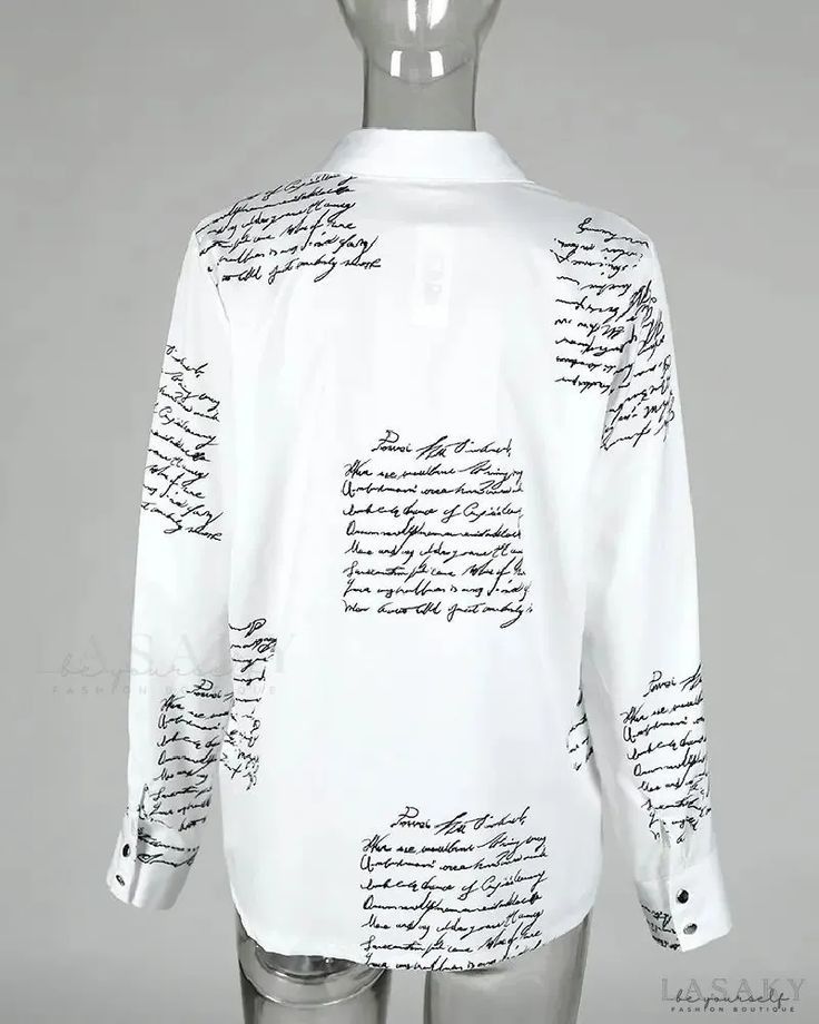 Lasaky - Casual Letter Print Long Sleeve Shirt Printed White Shirt For Fall, White Printed Shirt For Fall, Collared Graphic Print Top For Fall, Long Sleeve Shirt With Letter Print For Fall, Spring Collared Tops With Letter Print, Spring Collared Top With Letter Print, Long Sleeve Summer Shirt With Text Print, Summer Long Sleeve Shirt With Text Print, Spring Long Sleeve Shirt With Text Print