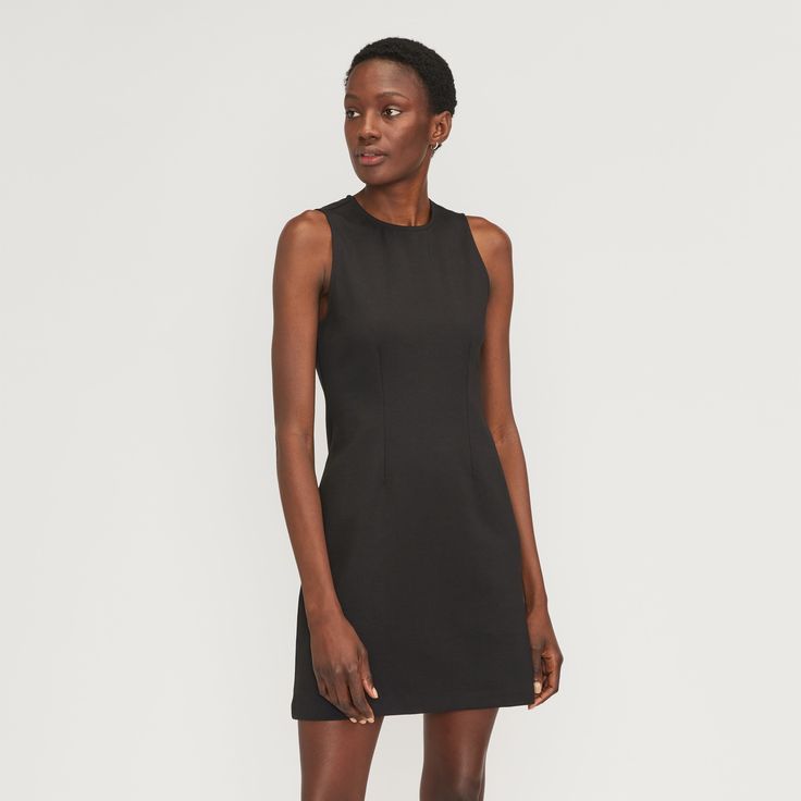 The Dream Shift Dress Classic Stretch Mini Dress For Work, Classic Mini Dress With Stretch For Workwear, Fitted Sheath Mini Dress For Daywear, Elastane Stretch Dress For Daywear, Stretch Elastane Dresses For Daywear, Stretch Elastane Dress For Daywear, Elegant Fitted Everlane Dress, Minimalist 90s, Green Cotton Dress