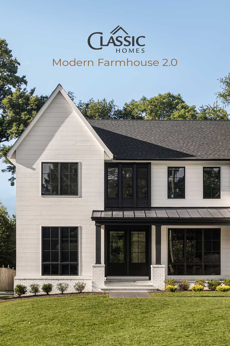 the modern farmhouse house is featured in classic homes magazine, which features black and white trim