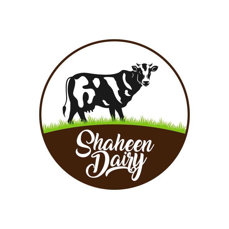 a cow that is standing in the grass with the words shaheen dairy on it