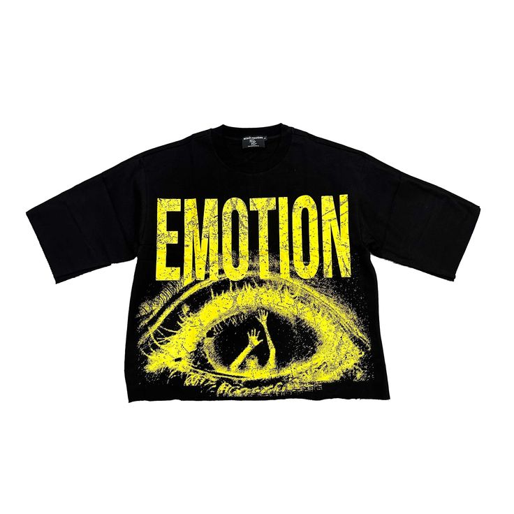 a black t - shirt with the words emotion on it and an eye drawn in yellow