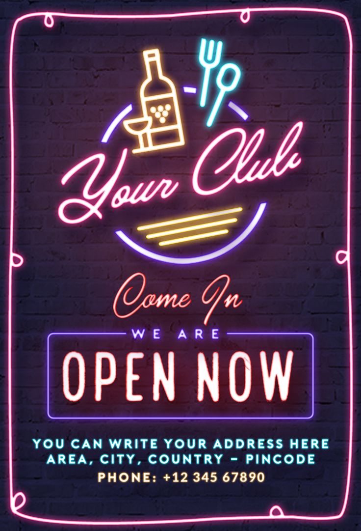 a neon sign that says you're club come in we are open now