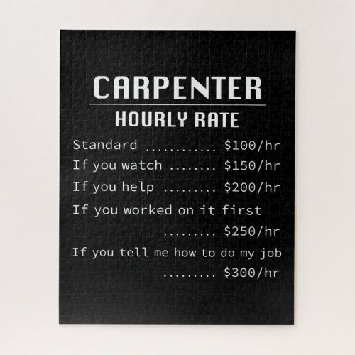 a black card with the words carpenter hour rate printed on it