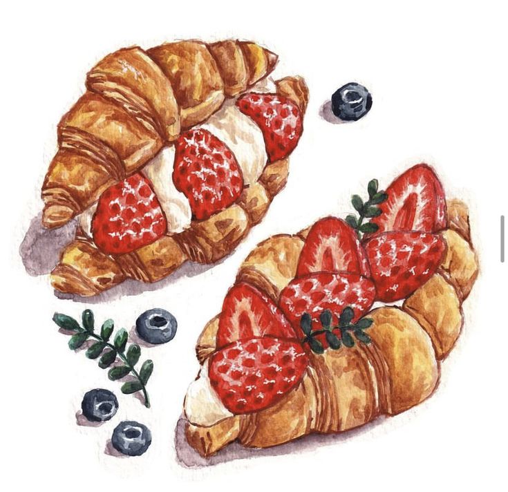 two croissants with strawberries and blueberries on them are shown in this watercolor drawing