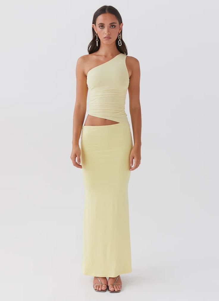 Seranella One Shoulder Maxi Dress - Lemon – Peppermayo US Lemon Yellow Dress, Peppermayo Dress, Hen Party Dress, Hen Party Outfits, One Shoulder Maxi Dress, Yellow Maxi, Jersey Skirt, Beige Dresses, Festival Dress