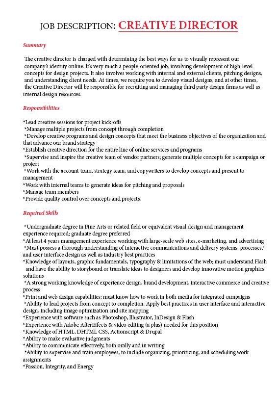 the job description for a creative director is shown in red and black, as well as an