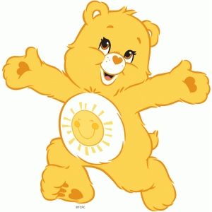 a yellow teddy bear holding a frisbee in it's right hand and smiling