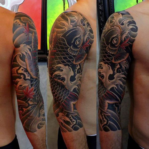 three different views of a man's half sleeve tattoo