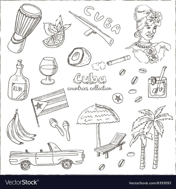 the cuba collection is drawn in black and white, with an outline of various items