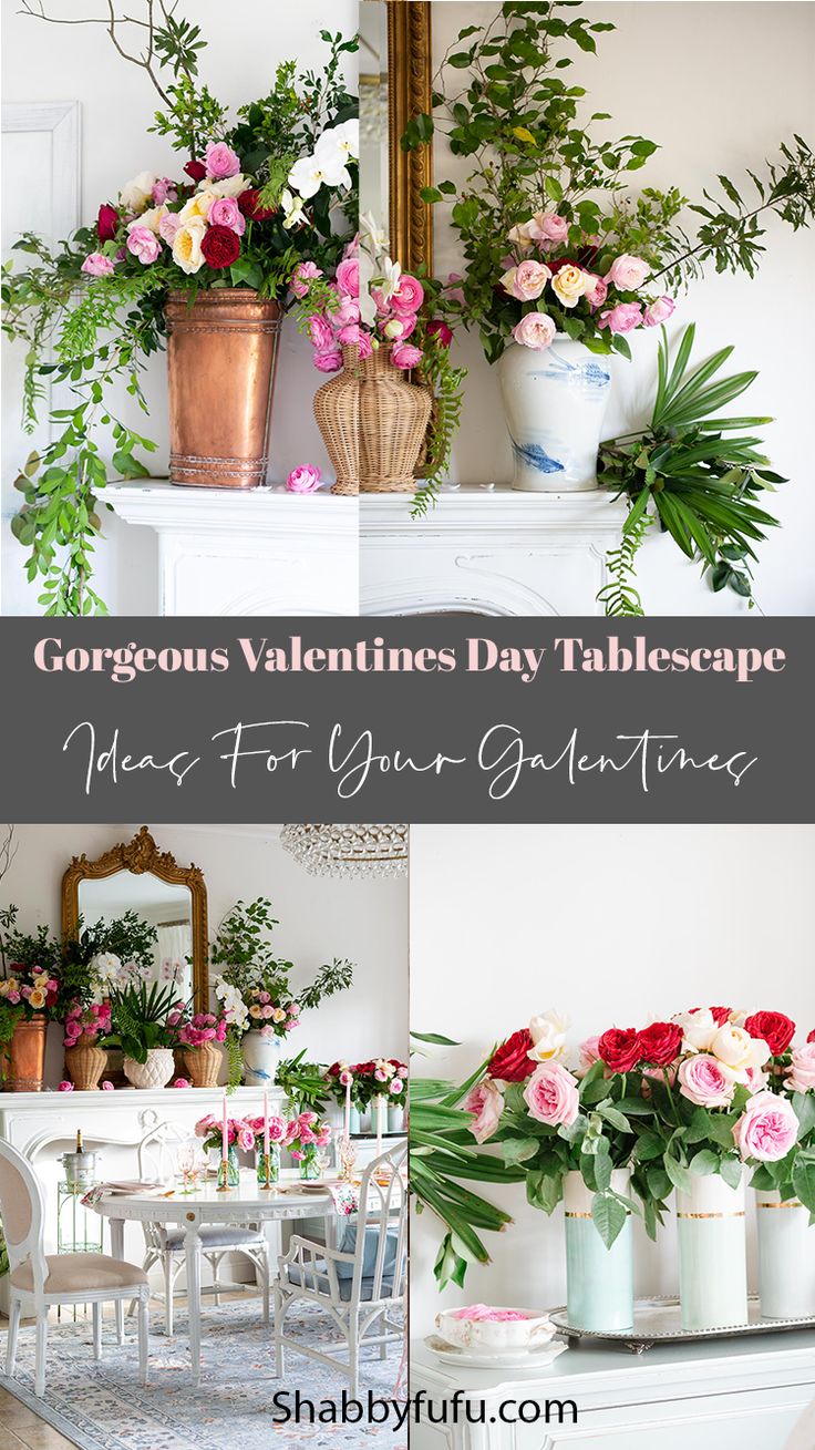 valentine's day tablescape with flowers and greenery in vases on the mantel