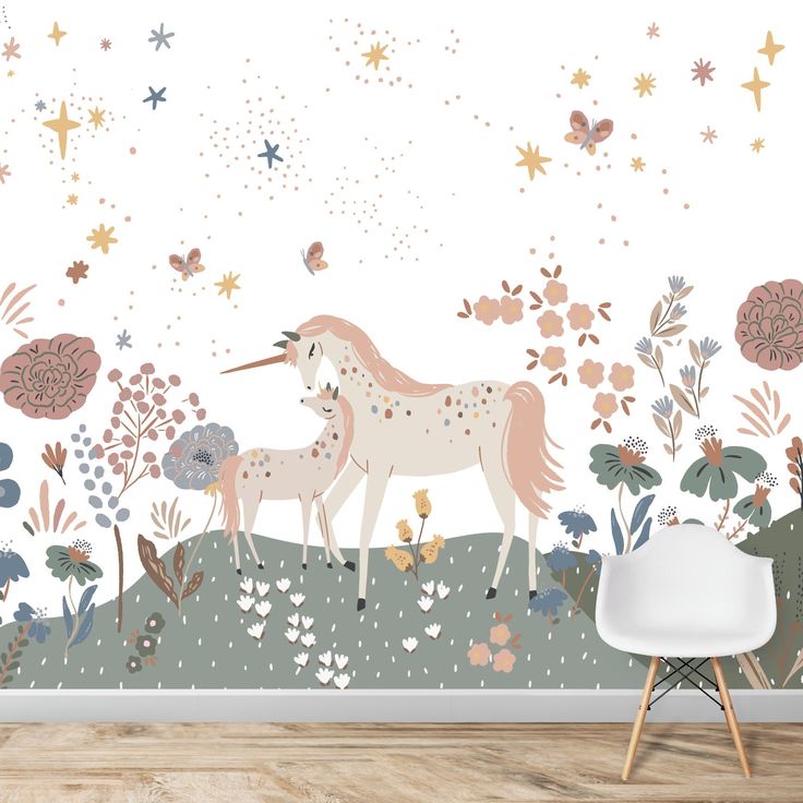 an image of a wall mural with unicorns and flowers