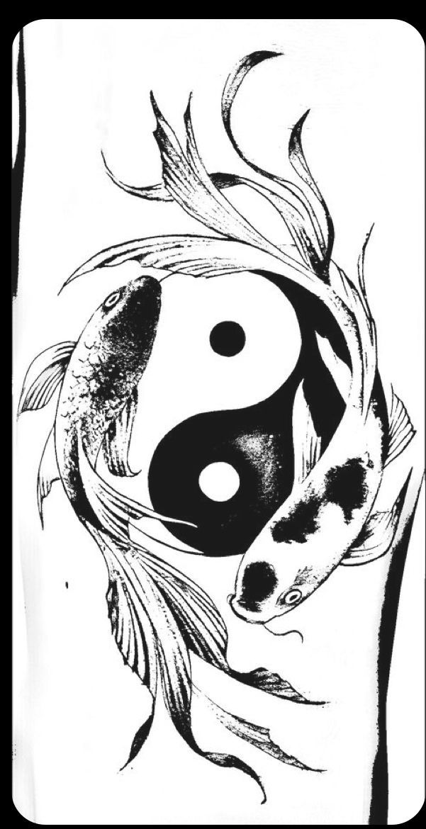 a black and white drawing of two fish with yin - yang symbols on their backs