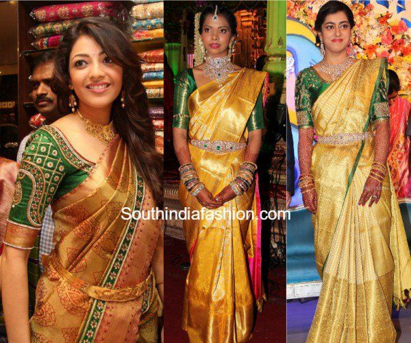 4 Best Blouse Color Combinations with Gold Kanjeevaram Sarees photo Golden Colour Saree, Saree Celebrity, Zardosi Blouse, Golden Blouse Designs, Gauahar Khan, Gold Silk Saree, Red Saree Blouse, Saree With Contrast Blouse, Latest Saree Blouse