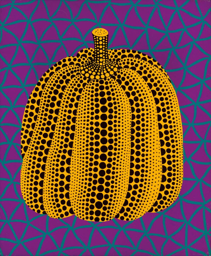 a painting of a pumpkin on a purple and green background with black dots in the center