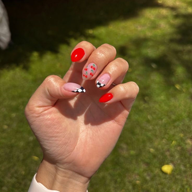 Fun summer fruit nails Fun Square Acrylic Nails, Checker Almond Nails, Almond Nails Designs Checkered, Red And Checkered Nails, Cute Summer Nails Checkered, Pink And Checkered Nails, Red Design Nails Almond, Cherry Checker Nails, Checkered Cherry Nails