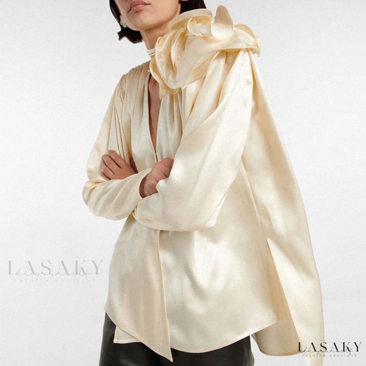 Lasaky - Champagne Ruffled Corsage Puff Sleeve V-Neck Satin Blouse with Classy High-Low Hem Applique Blouse, Ladies Chiffon Shirts, Satin Bluse, Jersey Vintage, Vintage Pullovers, 3d Rose, Flowy Blouse, Satin Blouse, Satin Skirt