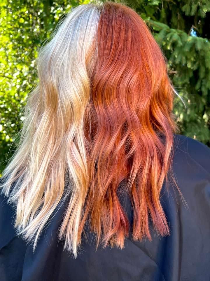 Split Dyed Hair Fall Colors, Copper Half And Half Hair, Auburn Split Dye, Half Blonde Half Red Hair Split, Blonde And Copper Split Hair, Split Dye Color Combos, Fashion Hair Color Trends 2023, Copper Split Dye Hair, Split Hair Color Ideas Blondes