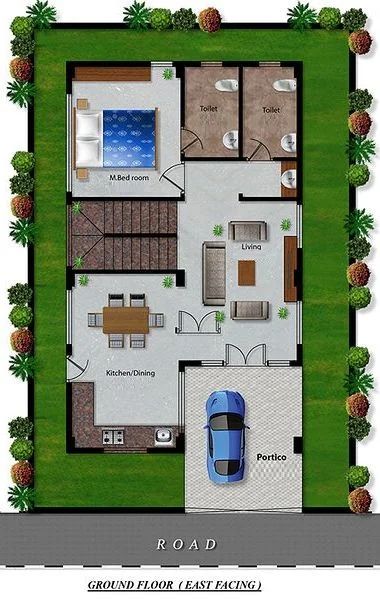 the floor plan for a house with two cars parked in front and an open garage