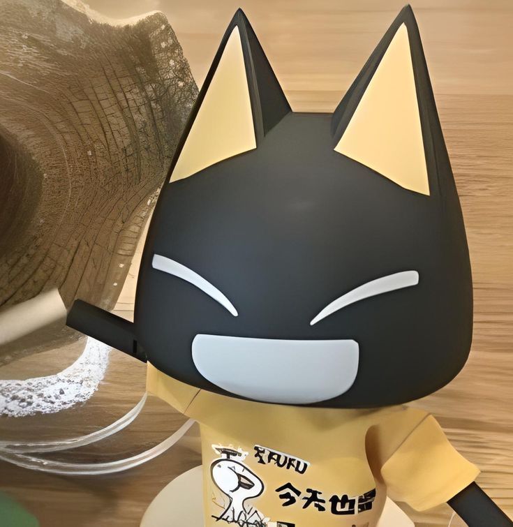 a cat figurine sitting on top of a white plate next to a straw hat