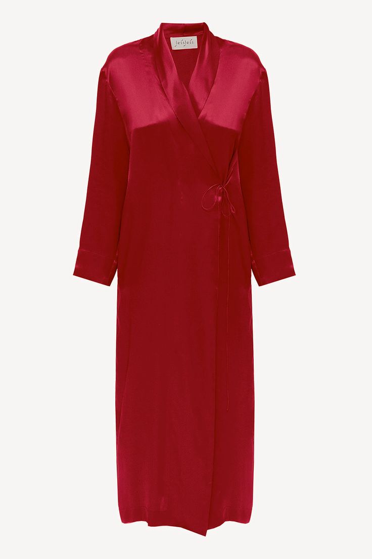 Midi silk wrap-dress a-la peignoir featuring an efforltess fit and pockets- 100% cherry red silk-satin- two pockets- self ties- tailored in Ukraine Silk Robes, Silk Wrap Dresses, Silk Robe, Silk Wrap, Red Silk, And Dresses, Cherry Red, Silk Satin, Silk Dress