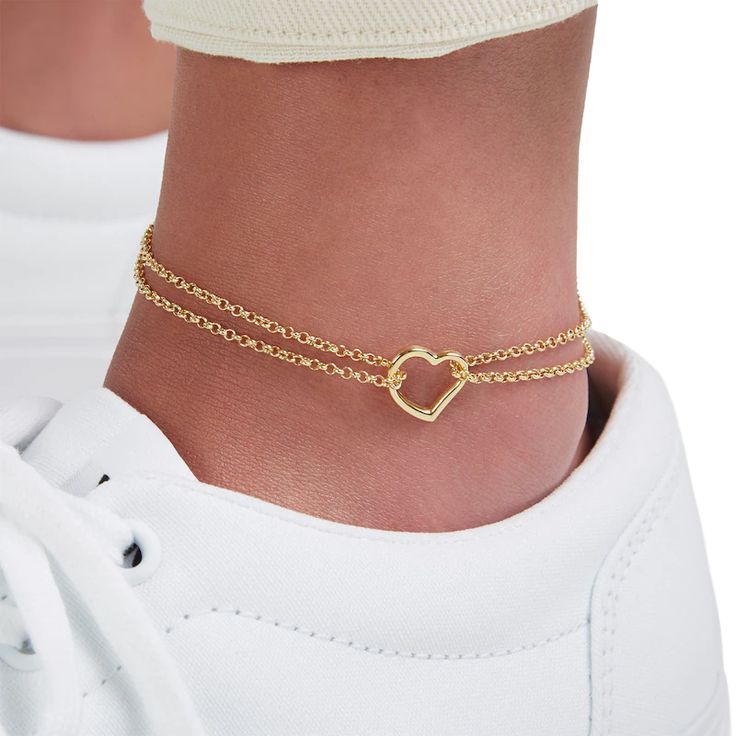 Trendy Gold Heart-shaped Anklets, Elegant Gold Anklets With Heart Charm, Gold Heart Anklets, Trendy Anklets For Valentine's Day, Gold Heart Bracelet With Delicate Chain, Elegant Adjustable Anklets With Heart Charm, Gold Double Heart Bracelet, Summer Tan, Heart Anklet