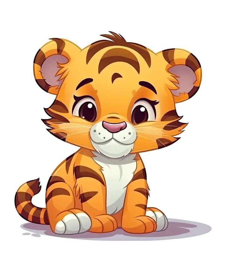 a cartoon tiger sitting down with big eyes