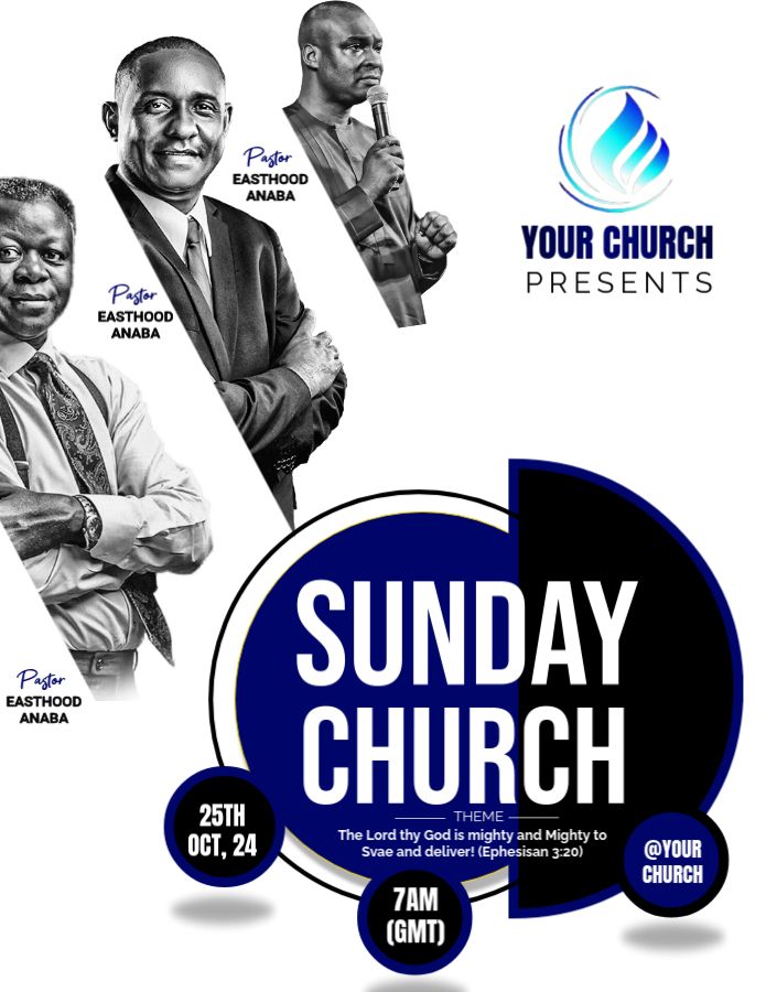 the sunday church flyer is shown with three men in suits and ties, one has his arms crossed