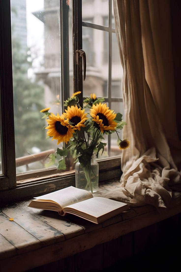 a vase with sunflowers sitting on a window sill next to an open book