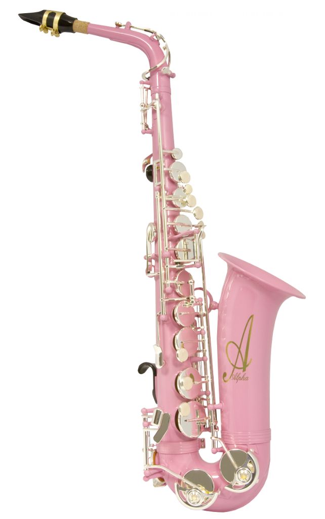 a pink saxophone with musical instruments attached to it