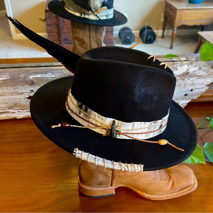 Each Hat Is Made To Order And Hand Crafted. Attention To Detail And Your Design Integrated With Crafters Touch. Please Allow 5-7 Business Days To Ship! Unique Hats For Men, Black Artisan Fedora With Short Brim, Artisan Black Fedora With Short Brim, Black Bohemian Felt Hat For Western-themed Events, Bohemian Black Hat For Western-themed Events, Black Artisan Fedora With Flat Brim, Artisan Black Fedora With Flat Brim, Artisan Black Flat Brim Fedora, Artisan Black Wide Brim Fedora