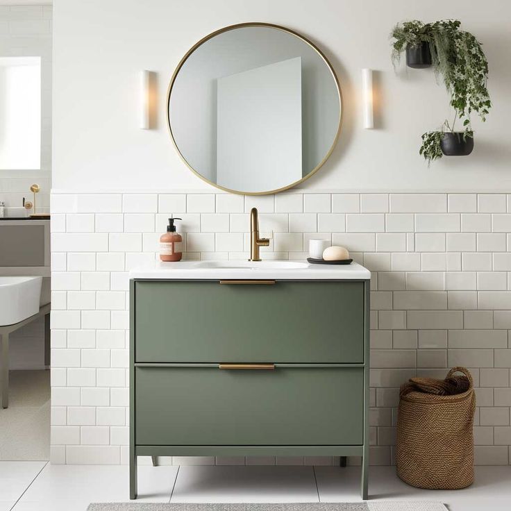 Sage Green Vanity Bathroom, Sage Green Bathroom Cabinets, Sage Green Bathroom Vanity, Green Bathroom Cabinets, Bathroom Beige Tile, Tile Accent Wall Bathroom, Wetroom Ideas, Green Bathroom Colors, Green Bathrooms