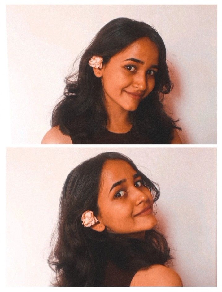 two pictures of a woman with long hair and flowers in her hair, one is smiling at the camera