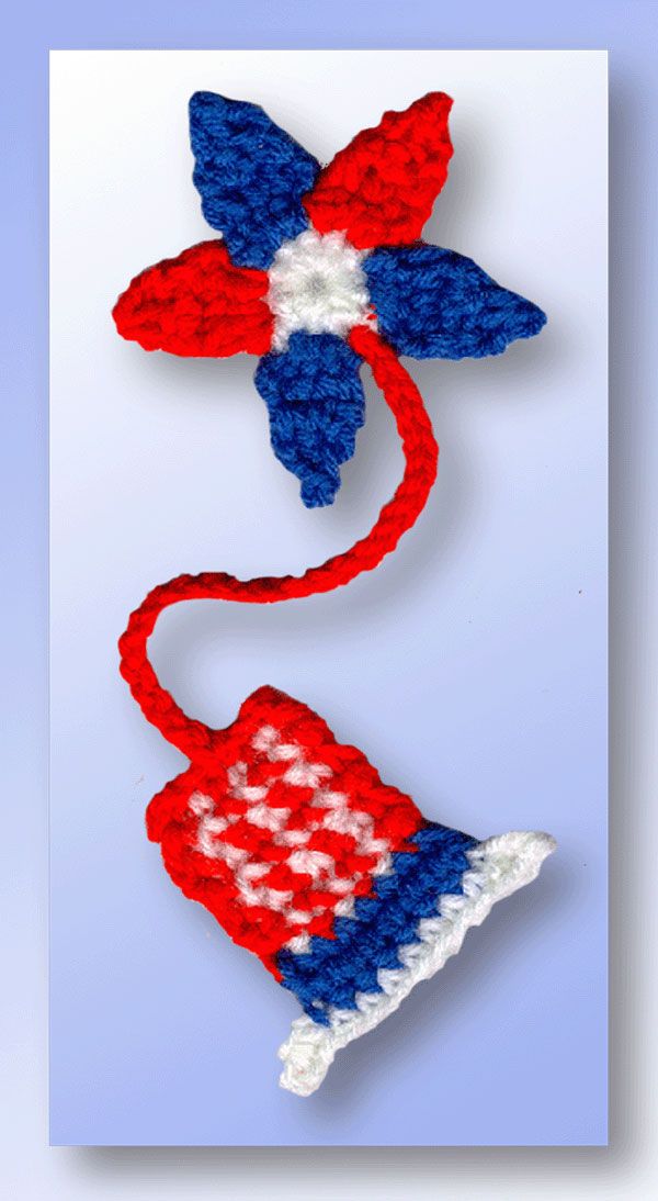 two crocheted red, white and blue items are shown in the shape of an american flag