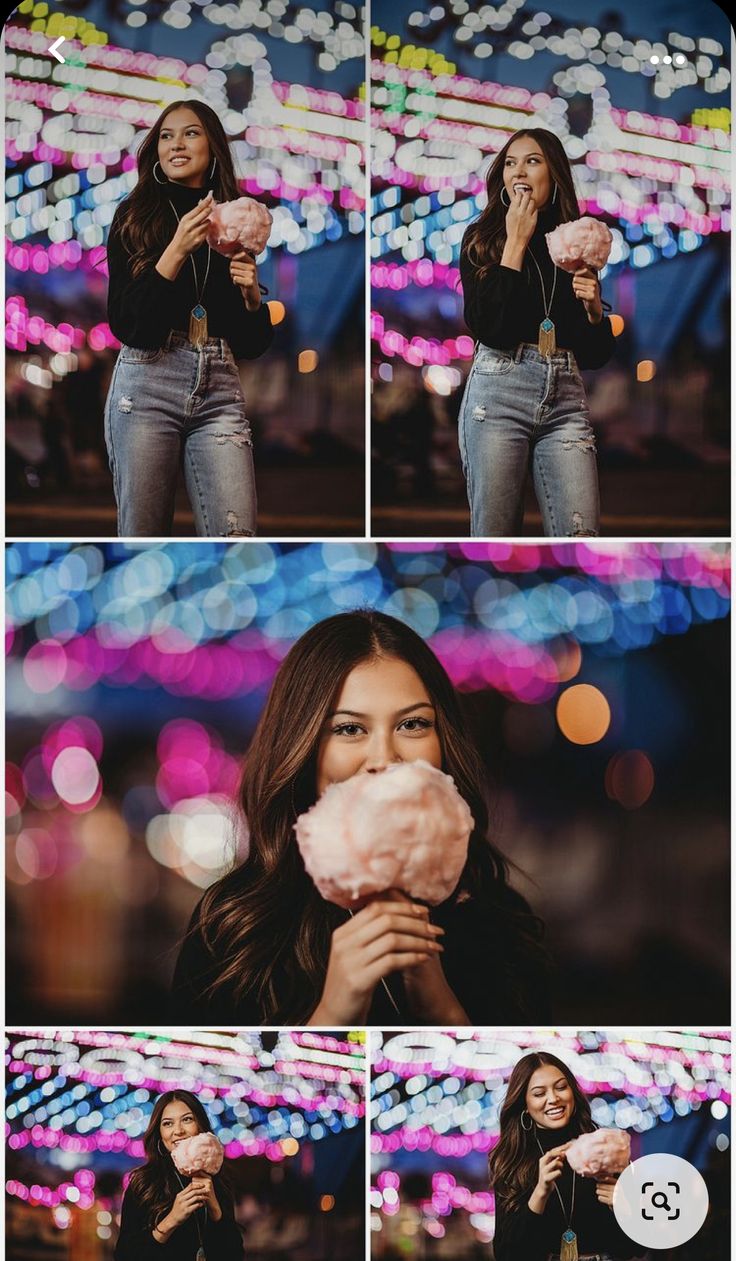 a woman eating a cotton candy at an amusement park