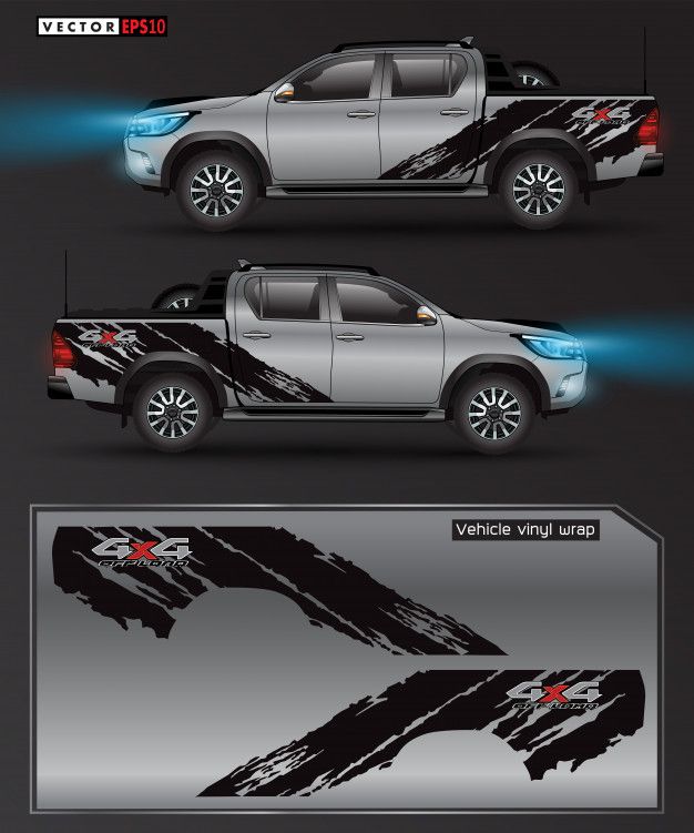 the side and back view of a pickup truck with graphic designs on it, in three different views